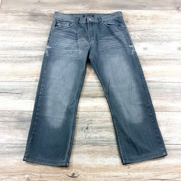 Chams Denim Jeans Men Women 36x28 Gray Distress Embriodered Casual Relaxed Wide - Picture 1 of 12